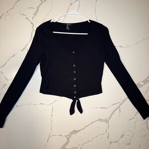 NWOT NEW Forever 21 Long Sleeve Ribbed Tie Button Crop Top Shirt Black Medium